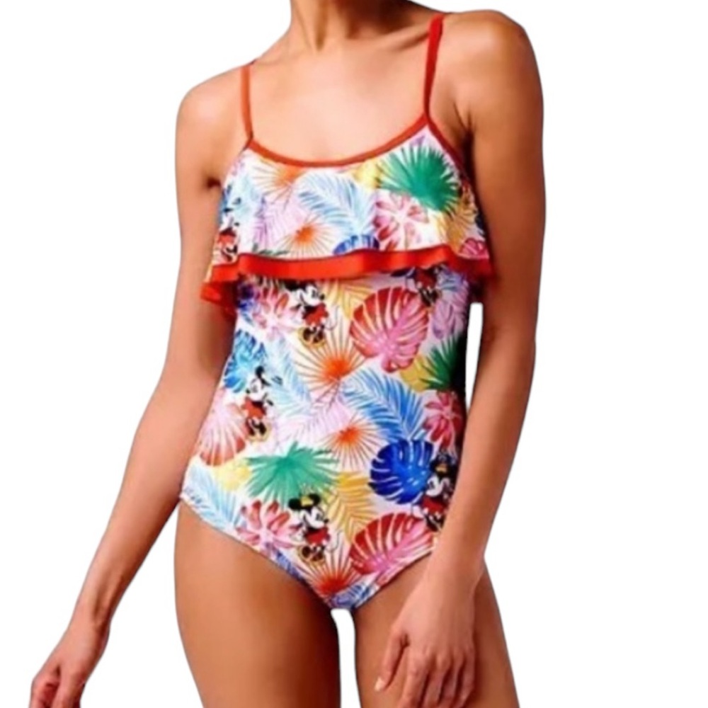 Disney Multicolor Tropical Print One-Piece Swimsuit with Red Trim